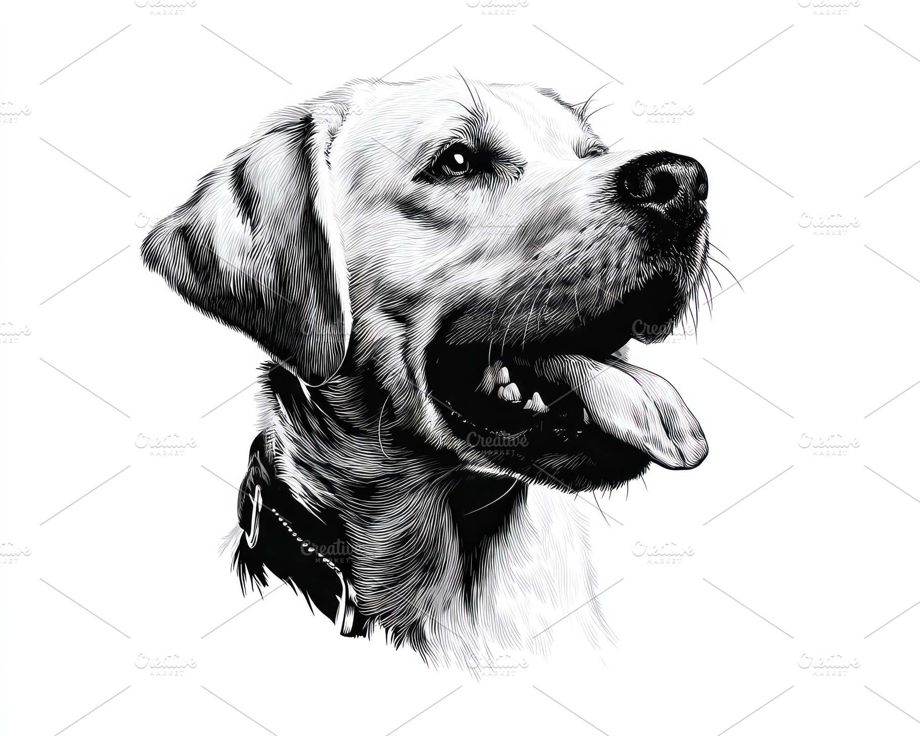 Black and white illustration of a happy Labrador retriever dog w, an Animal Photo by José Manuel Gelpi