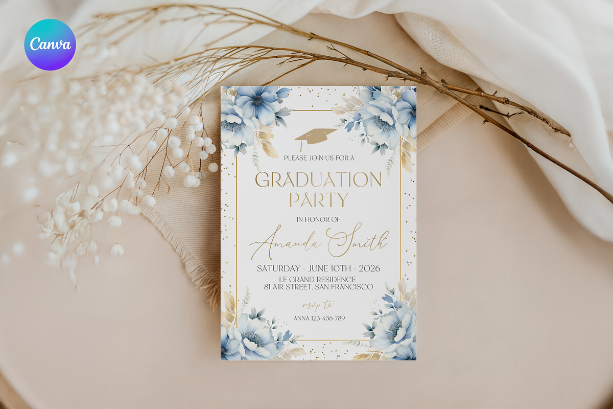 Elegant Whimsical Blue Floral Grad, an Invitation Template by MockupWizard (Photo 1 of 3)