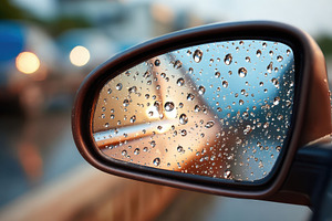Raindrops on Car Side Mirror Reflecting Street Scene, a Transportation Photo by AlyaAnd