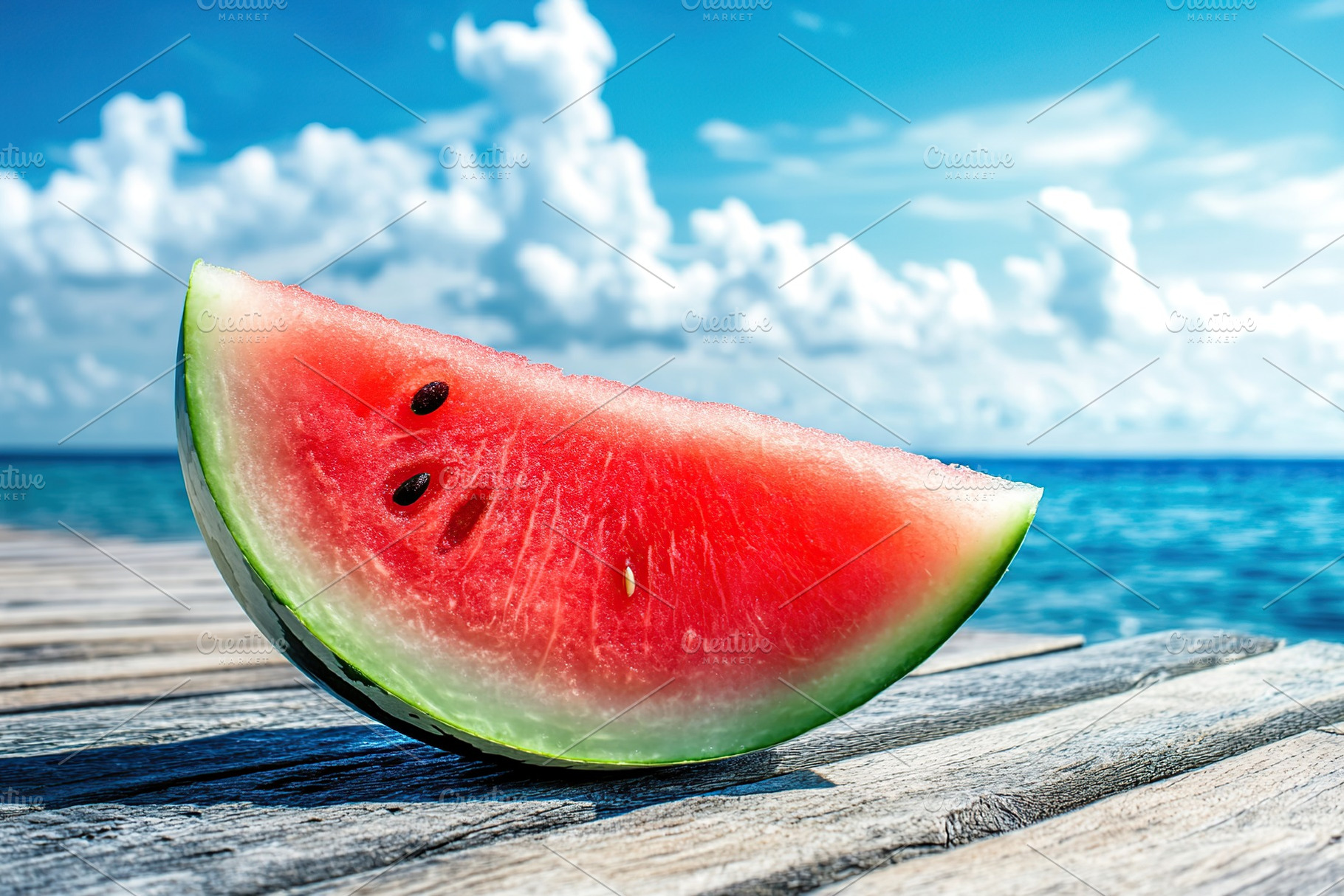 Ripe watermelon slice rests on wooden dock by blue ocean under a cloud-filled s, a Food & Drink Photo by AlyaAnd