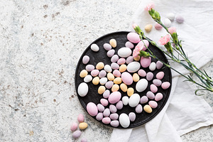 Easter composition with chocolate eg containing easter, eggs, and chocolate