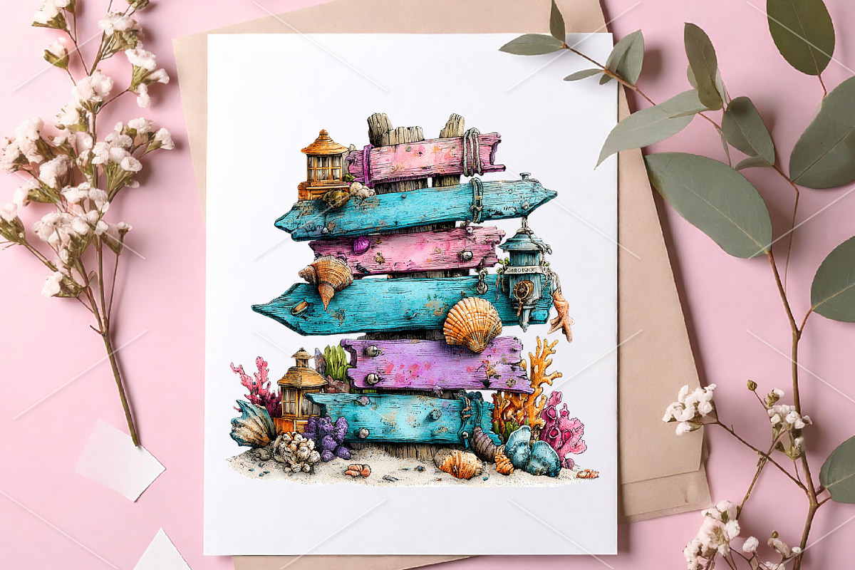 Whimsical Beach Wooden Signs Clipart, an Illustration by Canvas Craft (Photo 6 of 6)