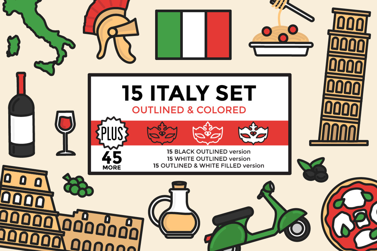 Italy Set Outlined & Colored, an Outline Icon by DeniseUytiepo (Photo 1 of 5)