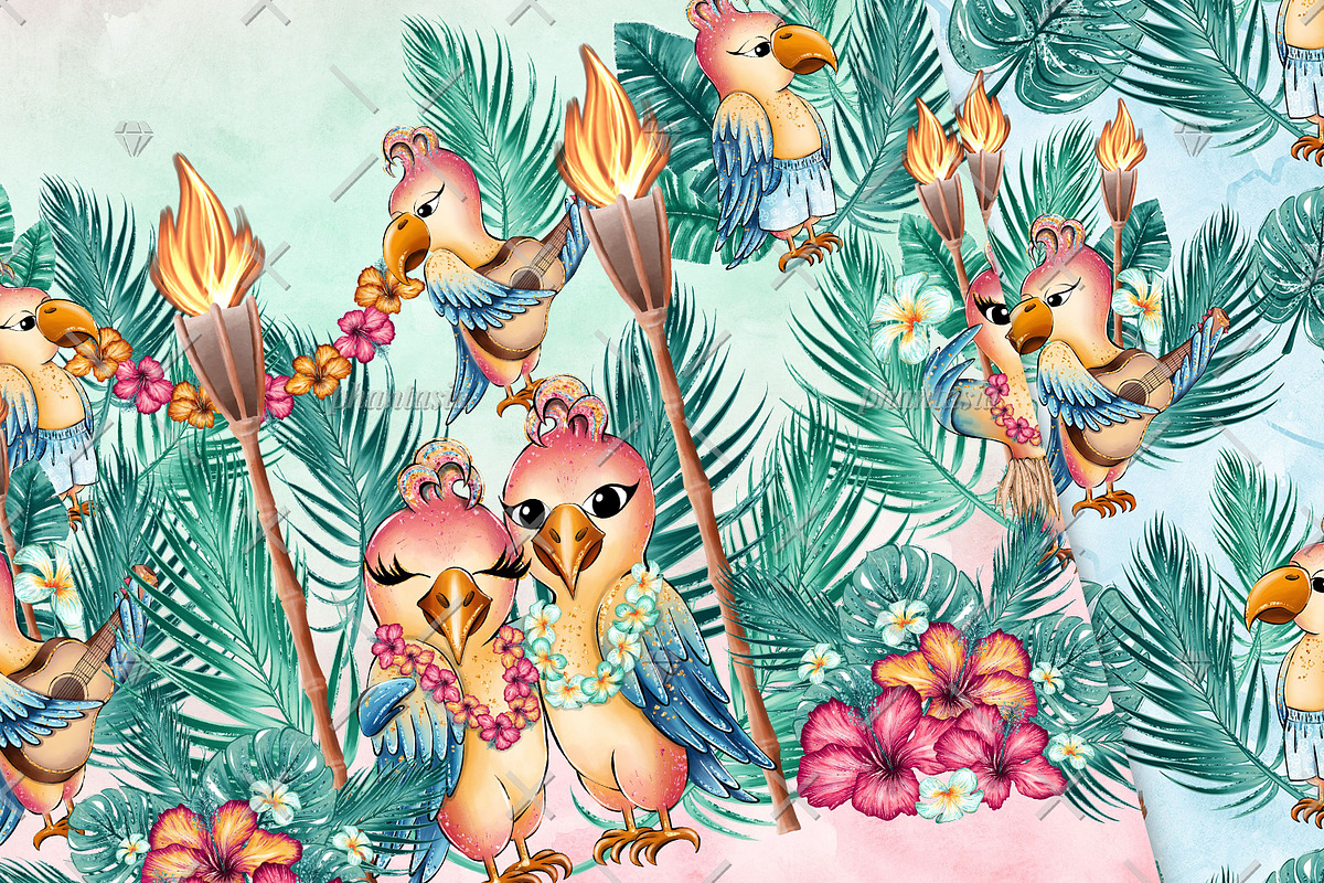 Cute Parrots Digital Papers, a Pattern Graphic by Phantasia Design (Photo 5 of 7)