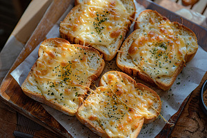 Top view of toast bread with melted mozzarella cheese on wooden, a Food & Drink Photo by AlyaAnd