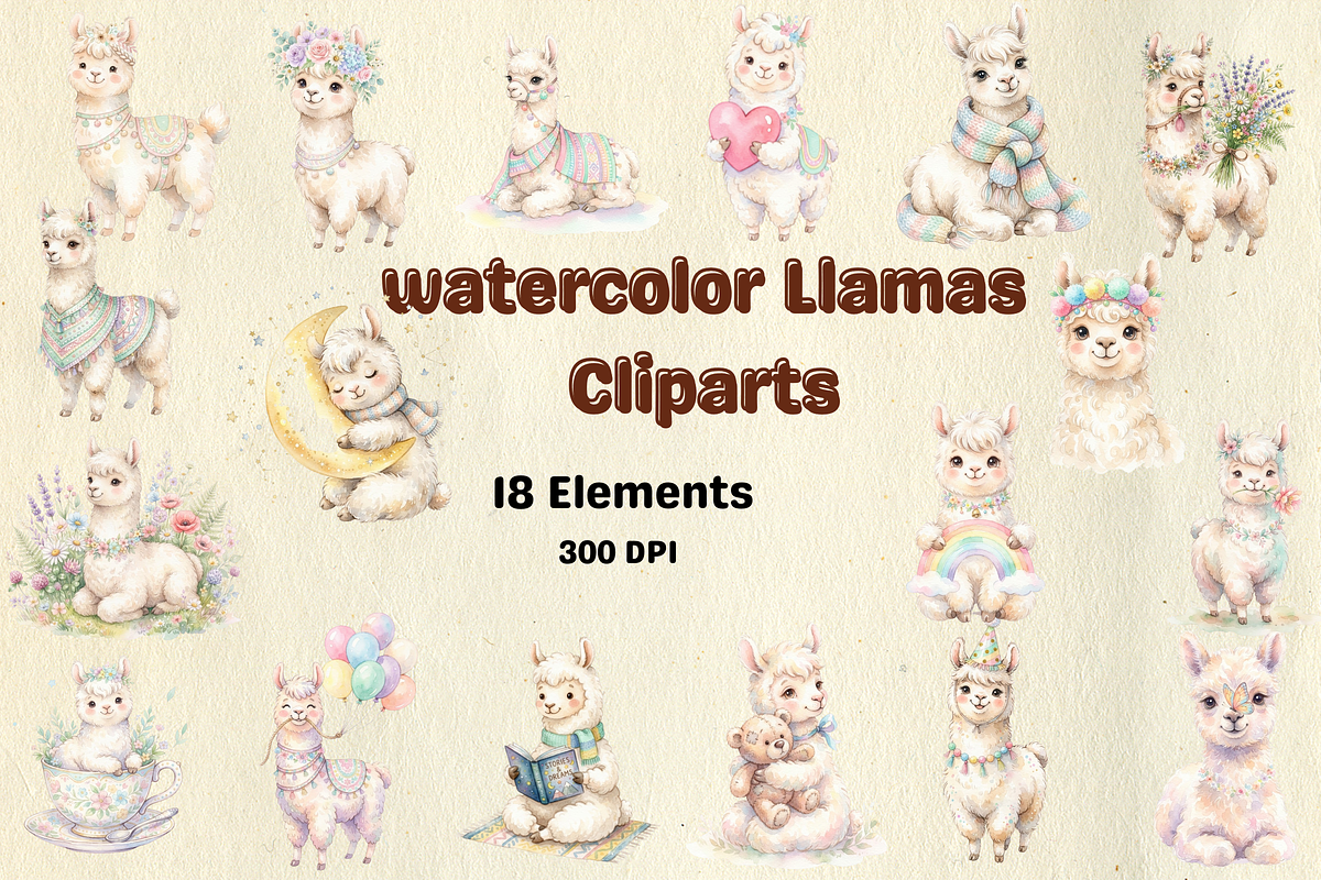 watercolor Llamas cliparts, an Animal Illustration by BerryPieArt (Photo 1 of 4)