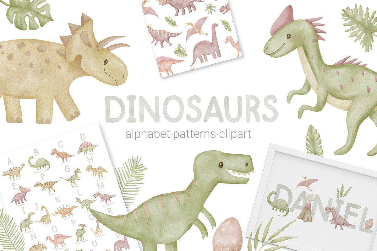 Dinosaur Watercolor Clipart, Pattern, an Object Graphic by NinaFedorova (Photo 1 of 10)