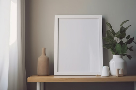 Blank print frame mockup with plants and decor on light backgrou, a Photo by Dvoevnore photos