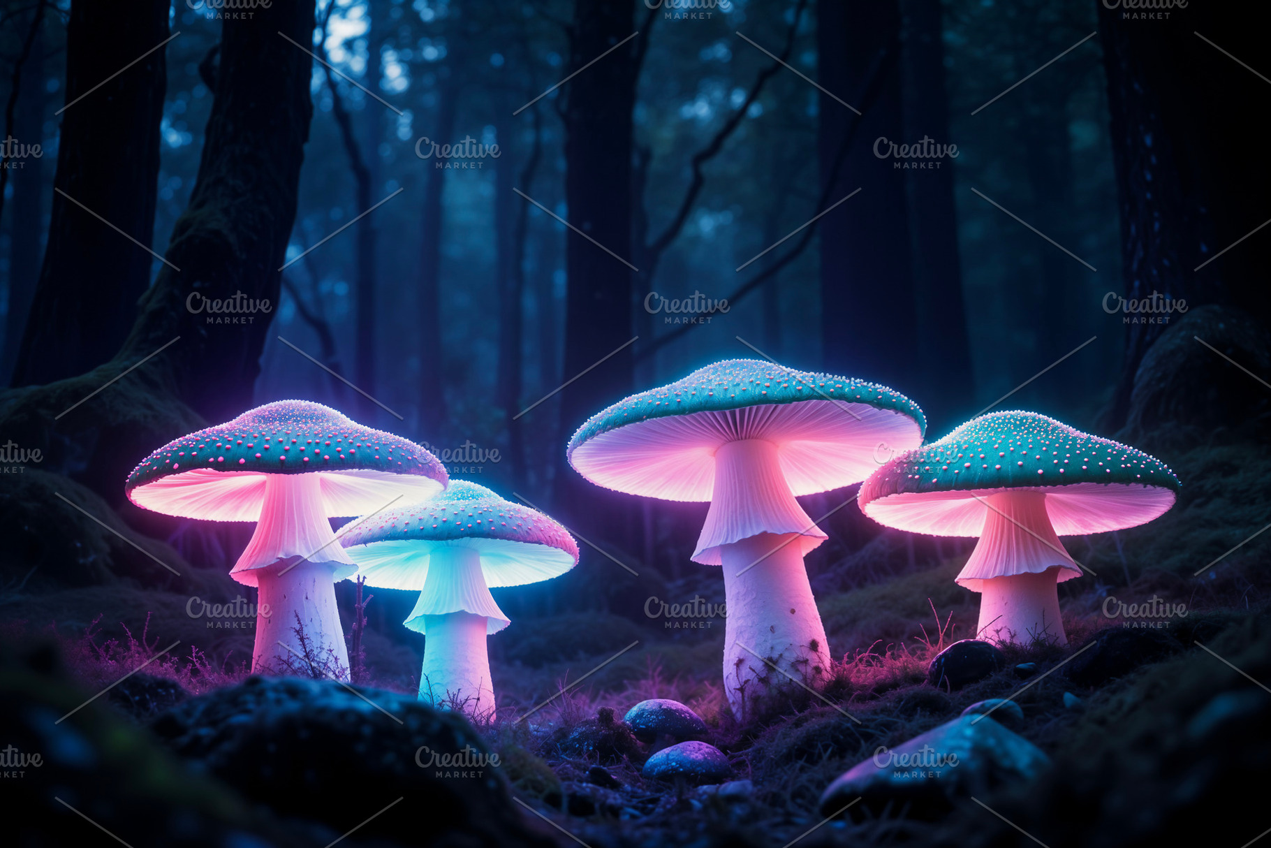 Bioluminescent glowing mushrooms, a Photo by rarrarorro