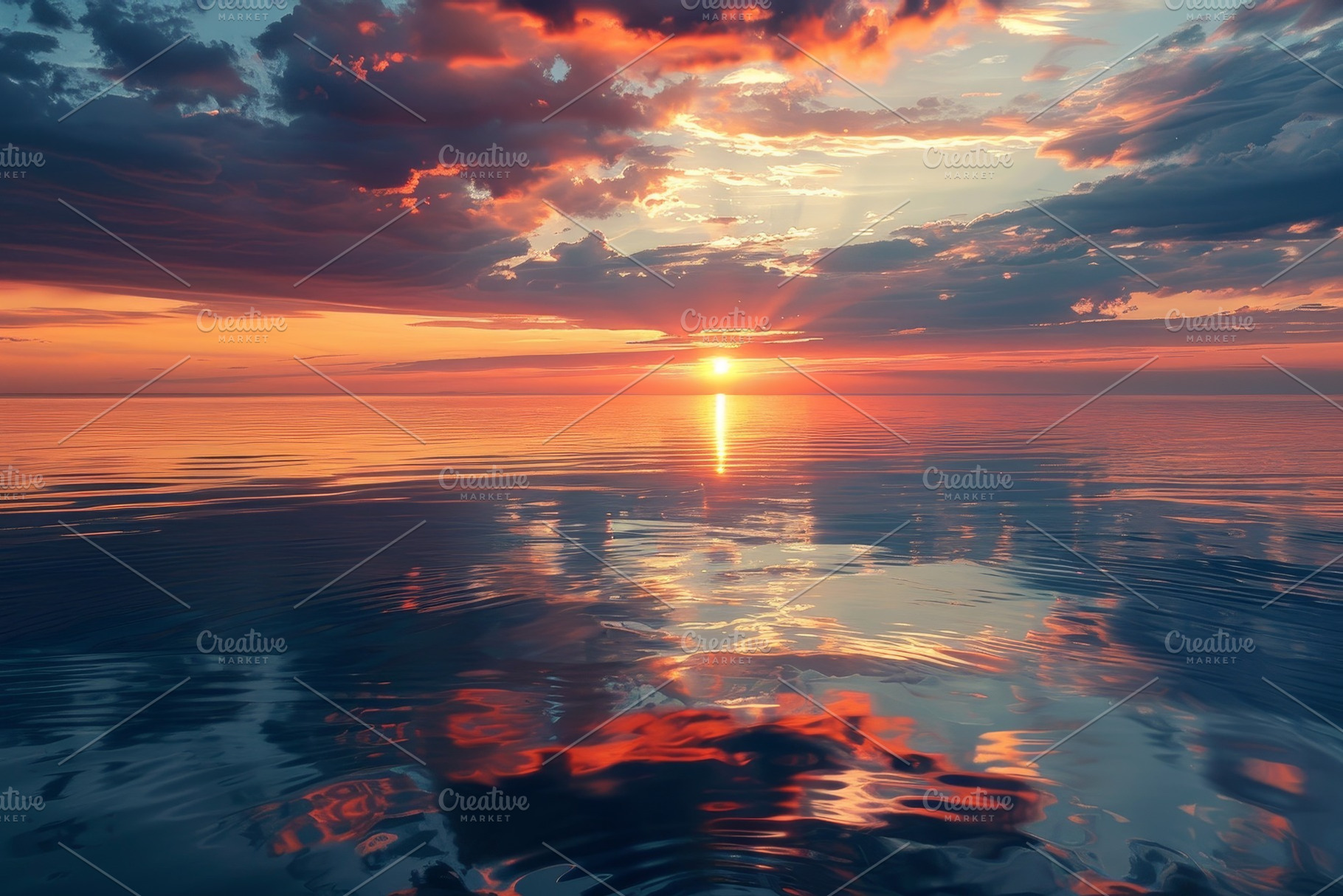 The sun sets over a serene ocean, ca, a Photo by Tanuart