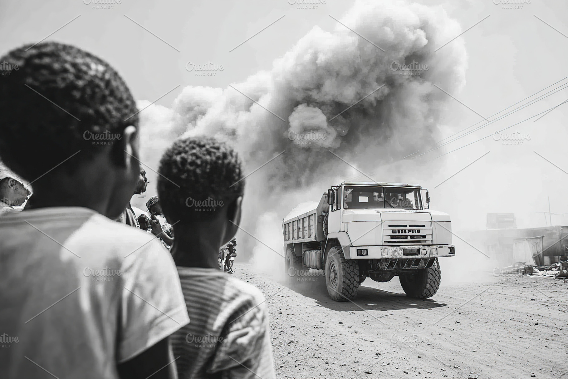 Dust storm rises from truck as children observe in urban setting during daytime, a Transportation Photo by AlyaAnd