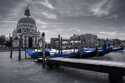 Parked gondola containing italy, gondola, and venice