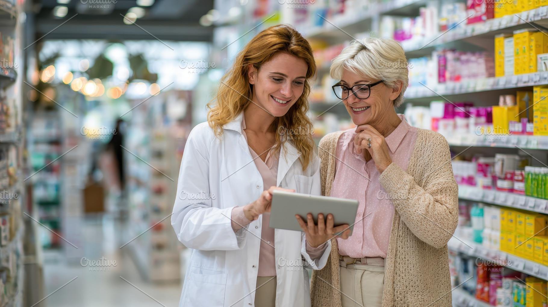 Pharmacist and senior woman reviewin, a Photo by Pixeness Studio