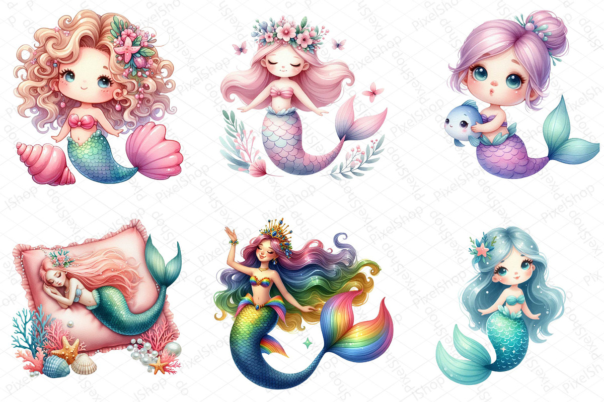 Cute Mermaid Watercolor Clipart, an Illustration by DreamPrint404 (Photo 5 of 6)