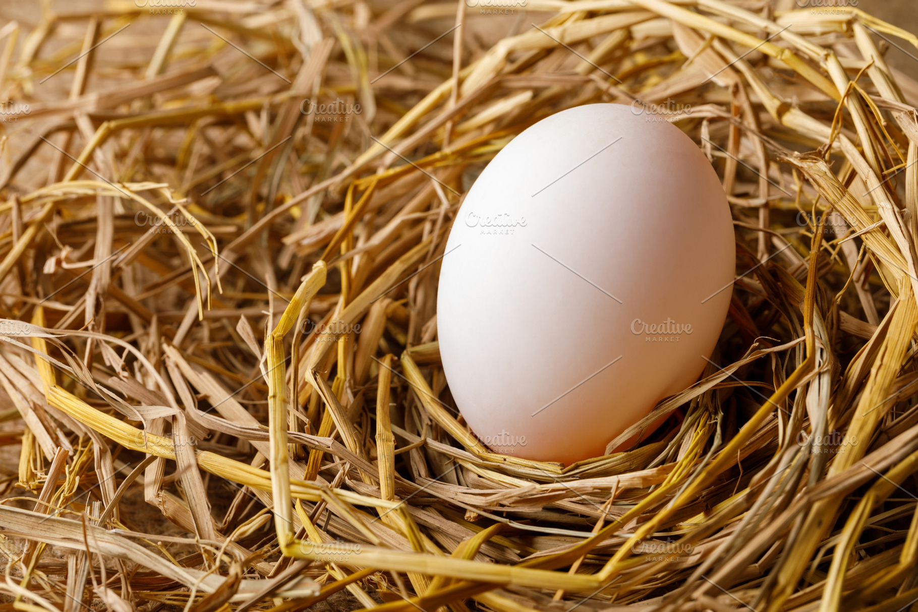 Hen or duck egg on straw, a Photo by Smith Chetanachan
