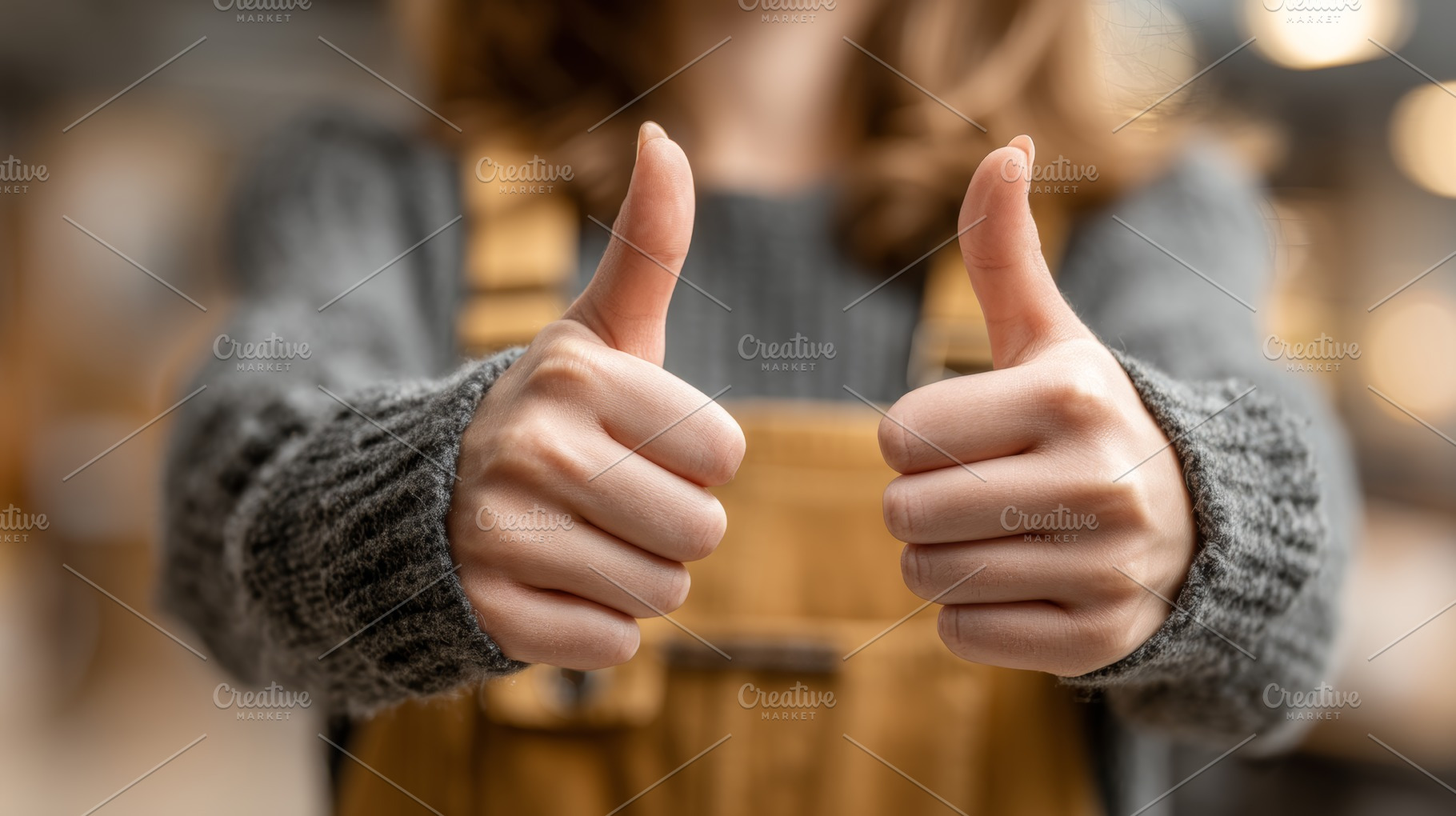 Two thumbs up gesture showing positivity and approval in a casual outfit, a Photo by AS photostudio
