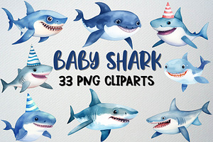 Watercolor Baby Shark Clipart Set