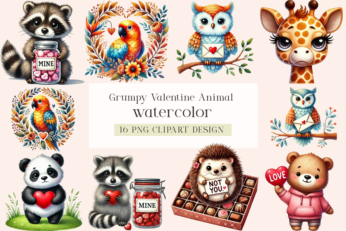Grumpy Valentine Animal Clipart, an Illustration by DreamArtGraphic (Photo 1 of 4)