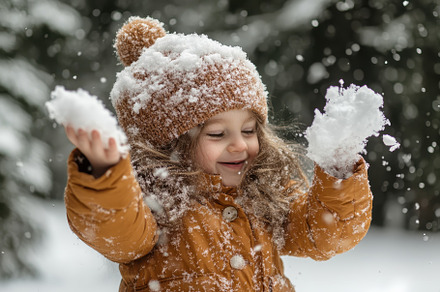 Child joyfully playing with snow in, a Photo by Iftikhar Alam