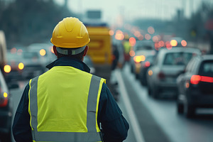 A construction worker wearing a yell, a Photo by Tanuart