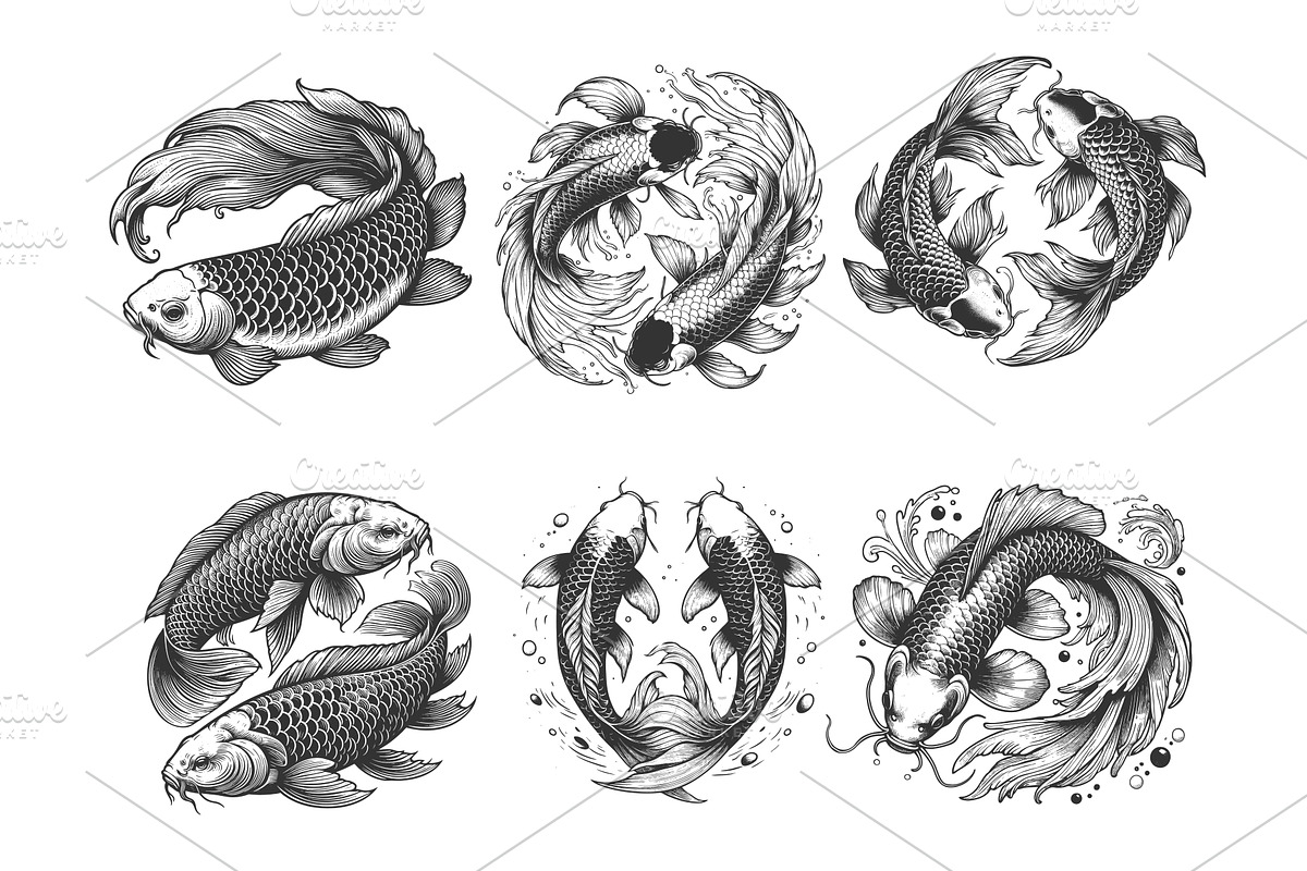 Koi Fish engraving set vector, an Animal Illustration by AlexArt