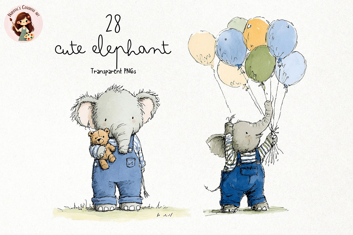 Cute Elephant PNG Clipart Bundle, an Animal Illustration by Nicolle's Colorful Art (Photo 1 of 3)