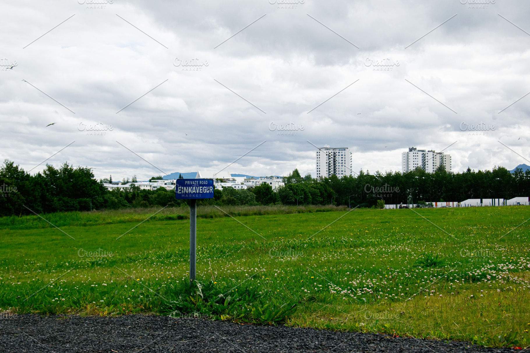 Private road sign amidst a green field in Reykjavik, Iceland, on a cloudy day, a Photo by AS photostudio