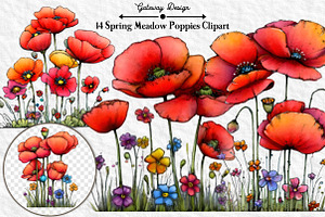 Spring Meadow Poppies Clipart, an Illustration by GatewayDesign