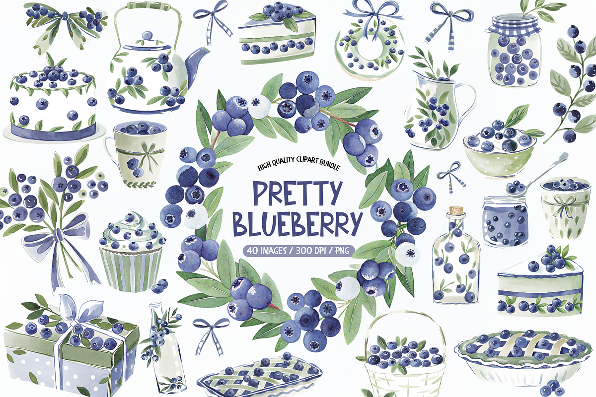 Watercolor Blueberry Clipart Bundle, an Illustration by TatiMockup (Photo 1 of 4)