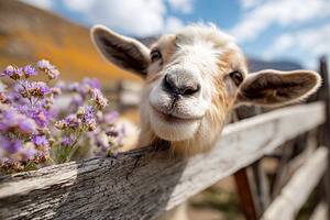 Curious goat peeking through wooden fence adorned with wildflowers in sunny mea, a Photo by AlyaAnd