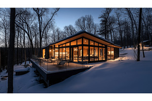 Modern glass house with warm, an Architecture Photo by Sergey Kotenev