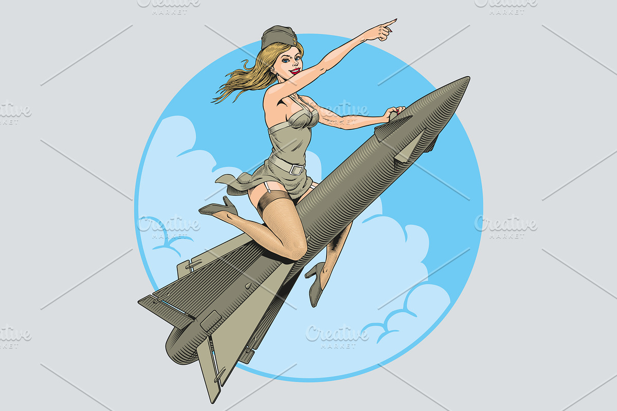 Pin up girl riding a missile, a Person Illustration by Ledokolua