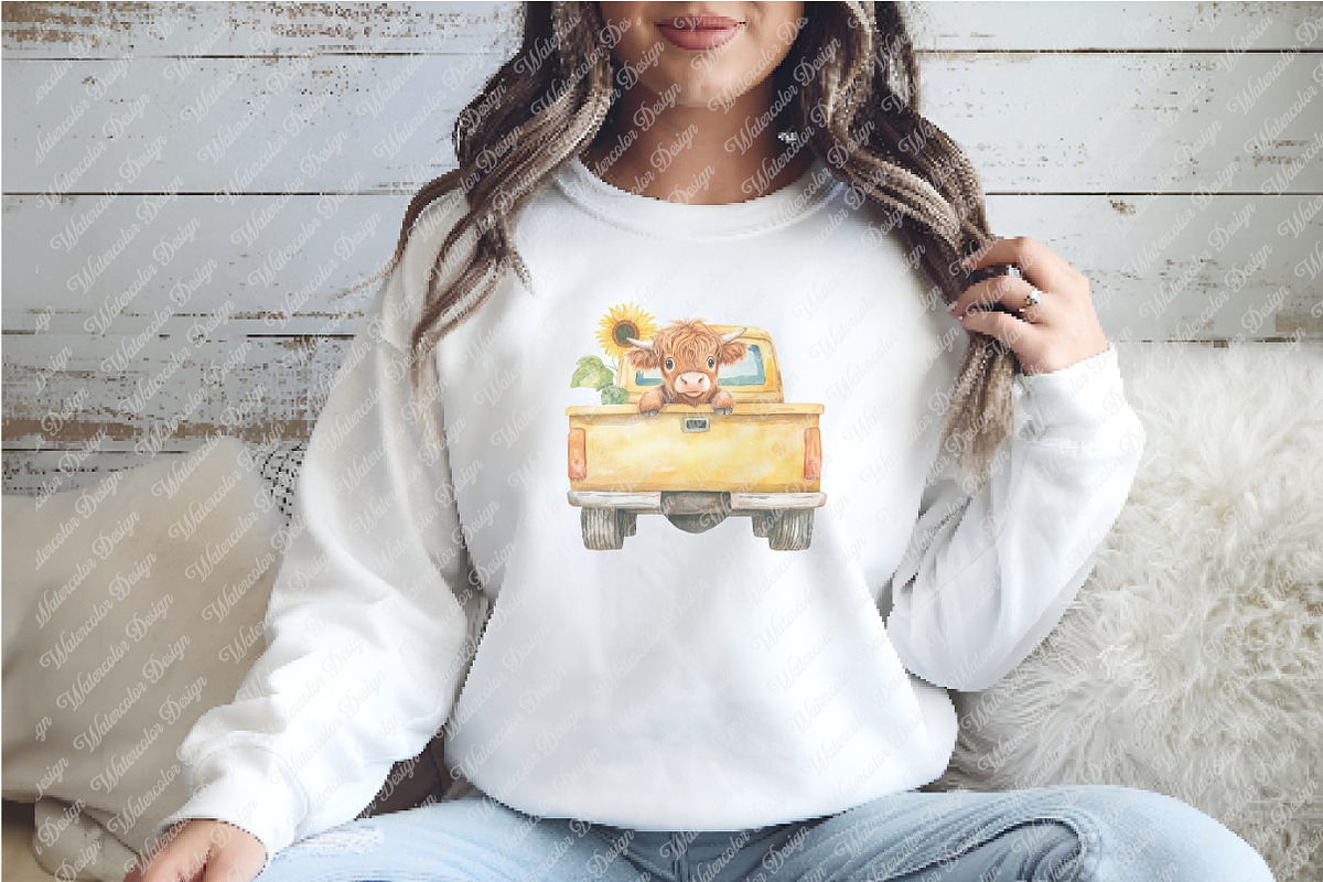 Sunflower Highland Cow Truck Clipart, an Illustration by Watercolor design (Photo 7 of 12)