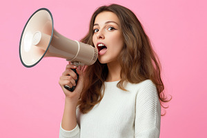 Cheerful young woman hold megaphone, a Person Photo by MistyDay