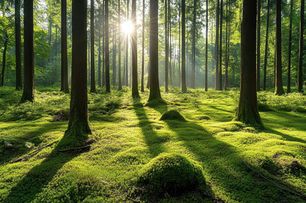 Sunlight Illuminates a Lush Green Fo, a Photo by Tanuart