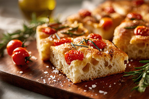 Fresh focaccia bread with tomatoes and rosemary, a Food & Drink Photo by AlyaAnd