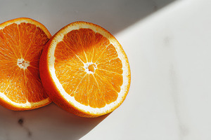 Two orange slices on white marble, a Photo by Virgo Studio