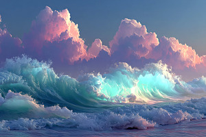 Vibrant turquoise ocean waves crashing under dramatic pastel clo, a Decorative Illustration by José Manuel Gelpi