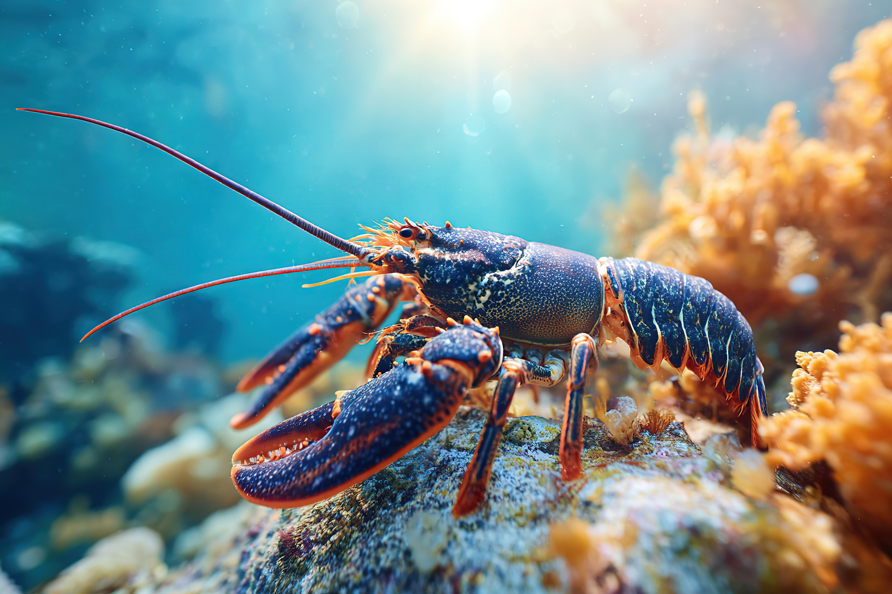 Lobster exploring rocky underwater habitat during bright sunlight in ...