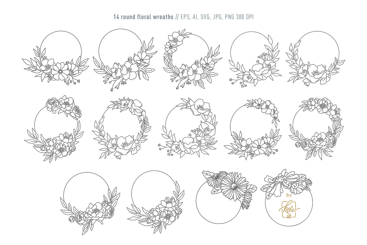 WILDFLOWER LINE-ART WREATHS, an Object Illustration by Kate Art (Photo 3 of 13)