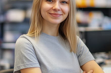 A young cashier woman with long blonde hair smiles confidently while sitting at, a Person Photo by Textures & Backgrounds