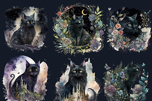 Watercolor Fantasy Black Cat Clipart