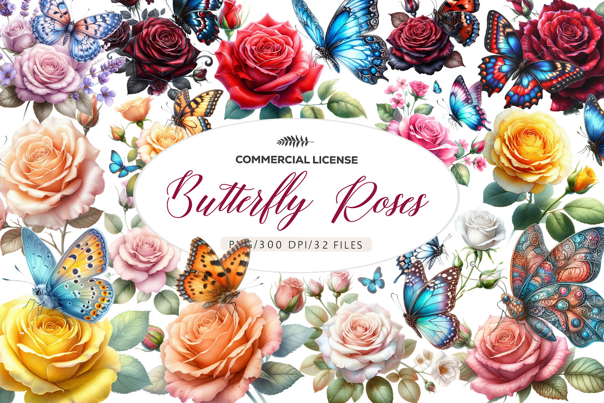 Watercolor Butterfly and Roses, an Illustration by CreationArt (Photo 1 of 6)