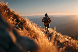 Man trail running mountain sunset go, a Photo by Pixeness Studio
