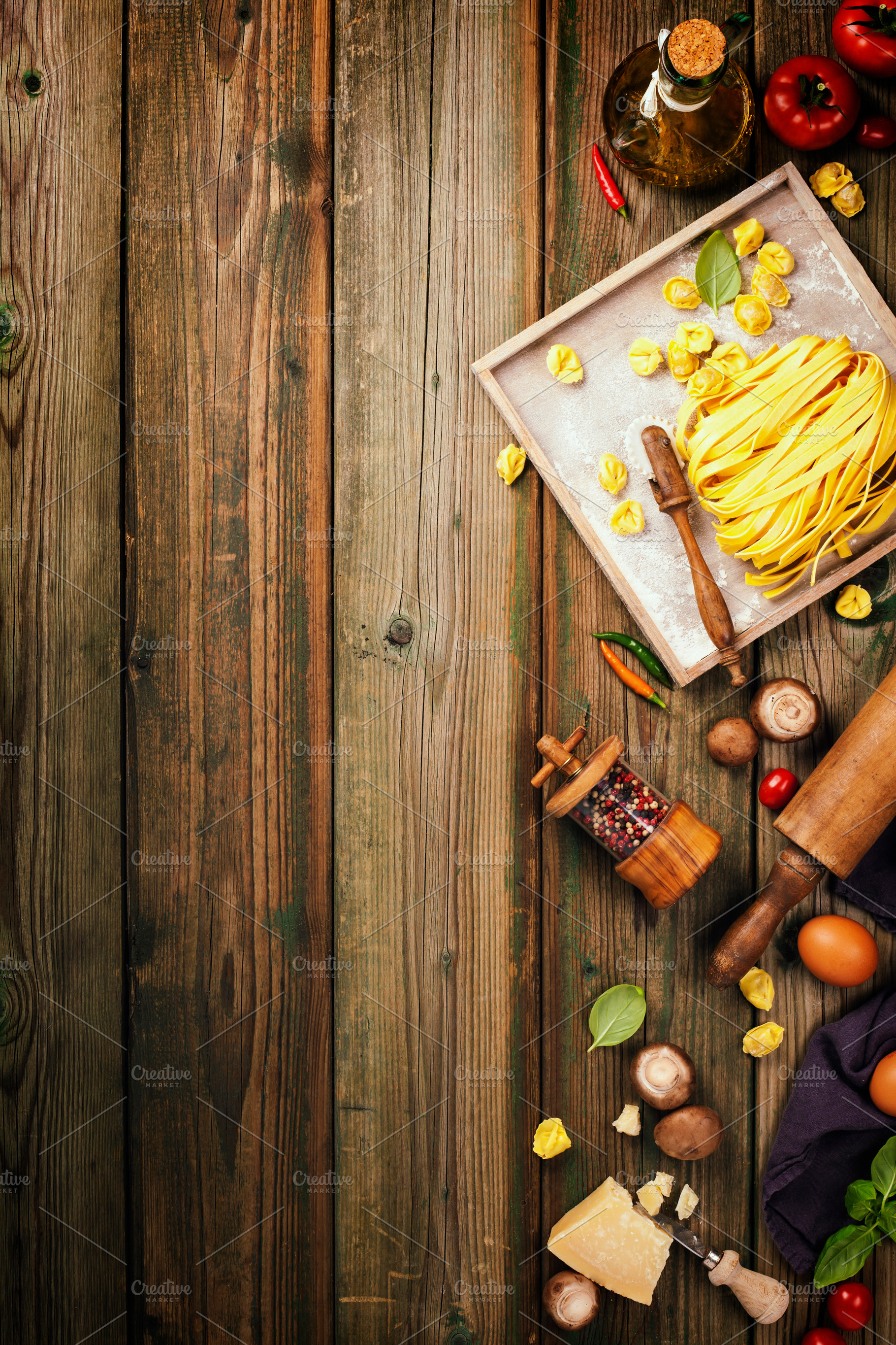 Cooking background with fresh pasta tagliatelle and mushrooms flat lay, a Food & Drink Photo by Natalia Klenova's Shop