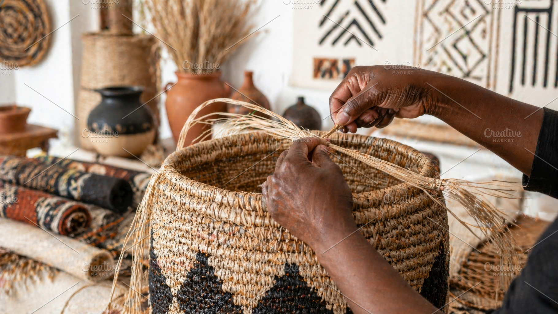 Afrobohemian home decor with woven basket and fiber art as backg, a Photo by Dvoevnore photos