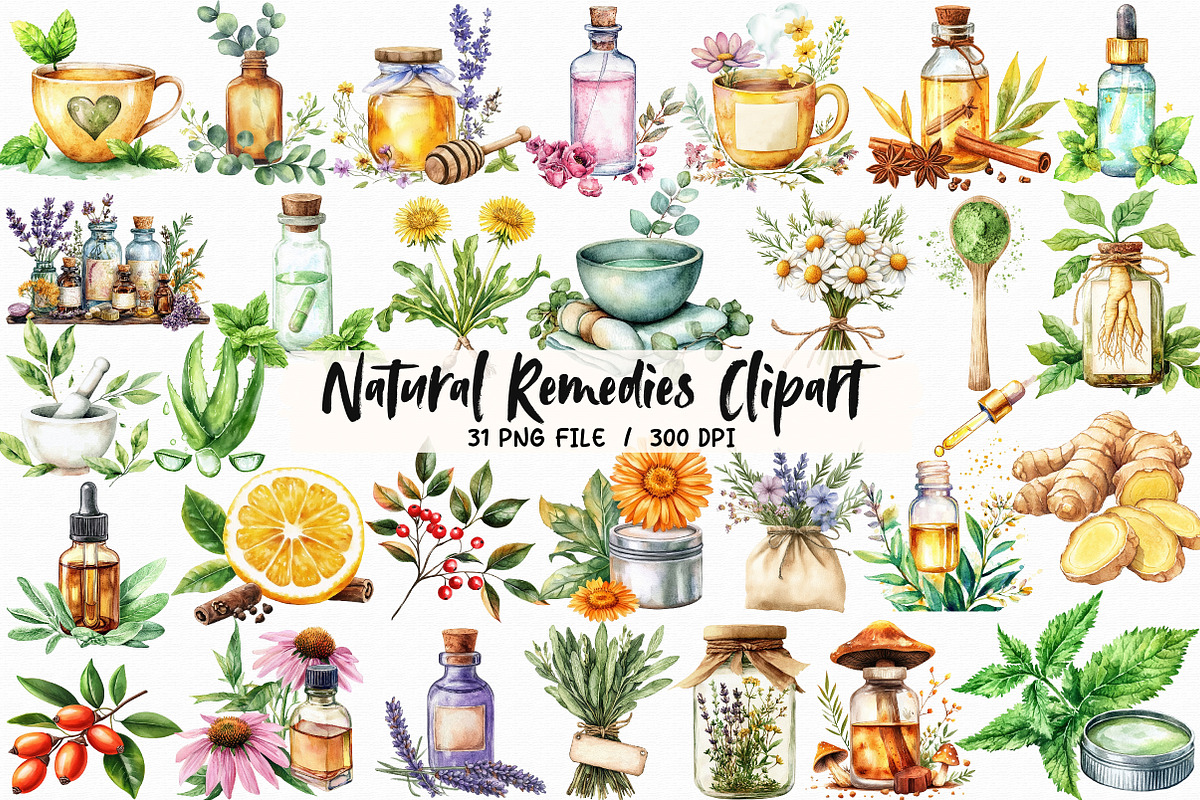 Watercolor Natural Remedies Clipart, an Illustration by Libby Wishes (Photo 1 of 7)