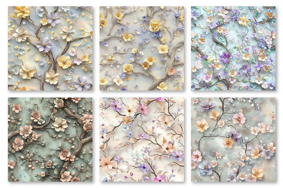 Pastel 3D Floral Trees Digital Paper, a Texture Graphic by Dream Creation (Photo 3 of 6)