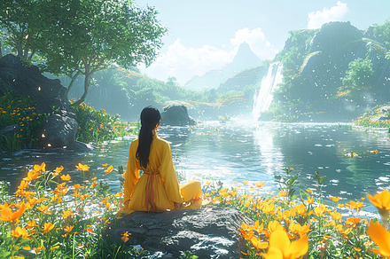 Tranquil woman meditating by a serene waterfall in nature, an Illustration by AS photostudio