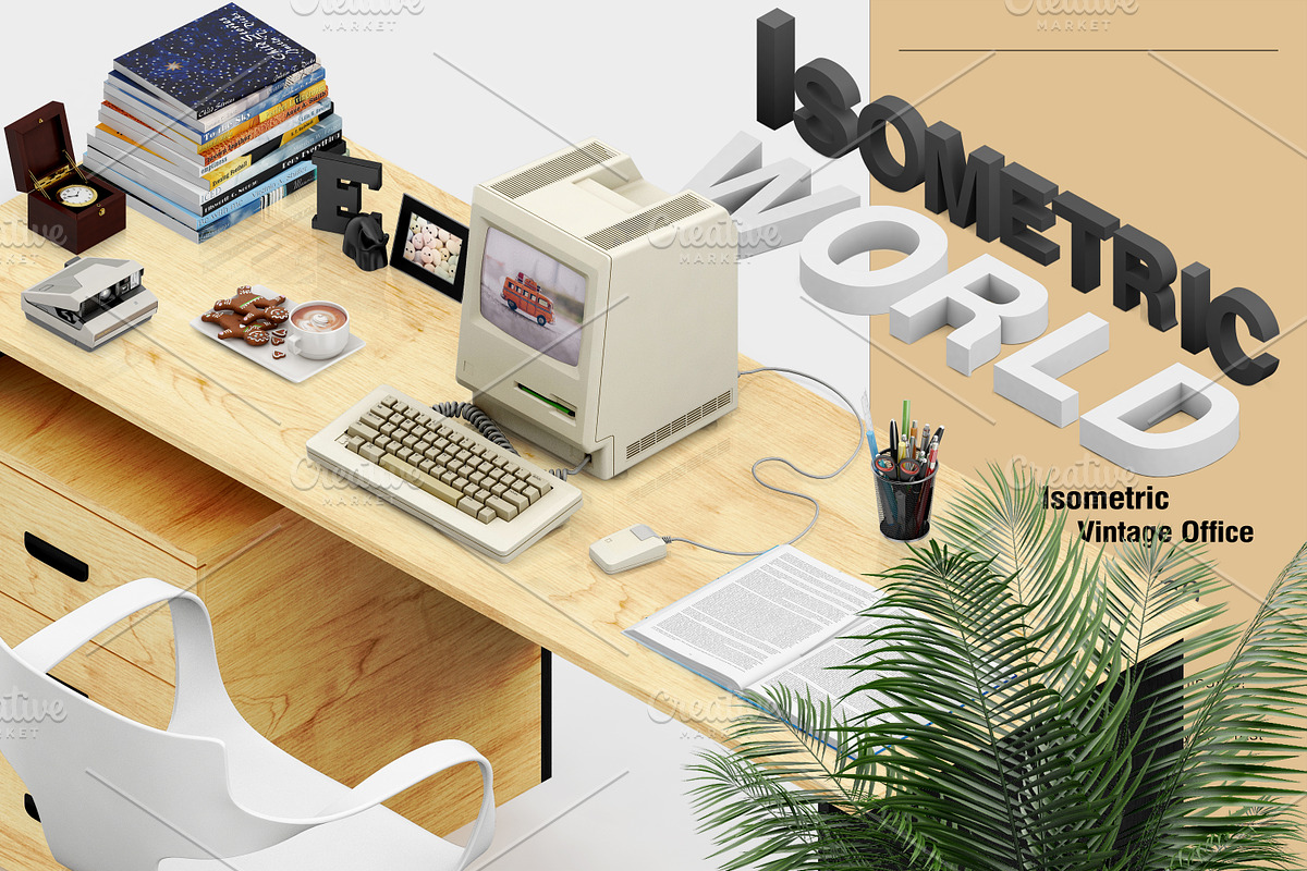 Isometric Vintage Office Mockup, a Mac Mockup by IsometricWorld (Photo 2 of 16)